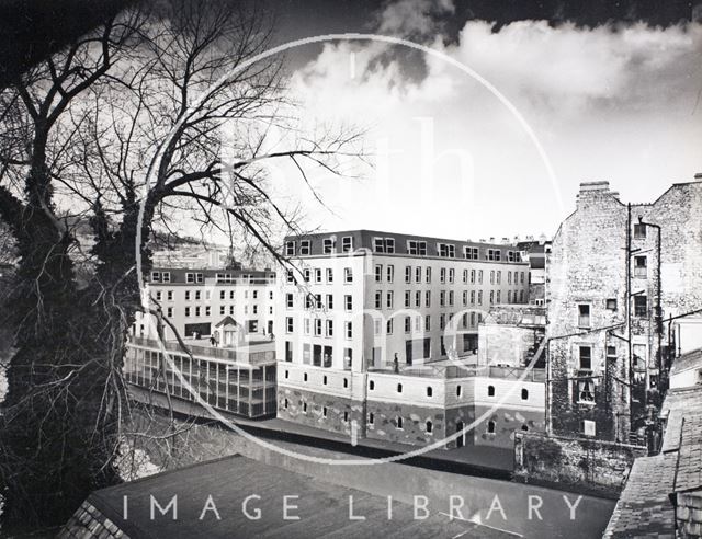 View across River Avon to artist's impression of Grove Street development, Bath c.1975