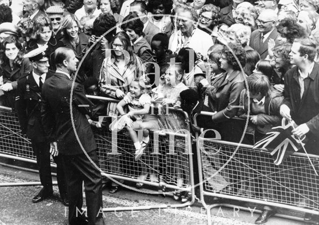 Prince Philip talking to the crowd during a visit to Bath 1973