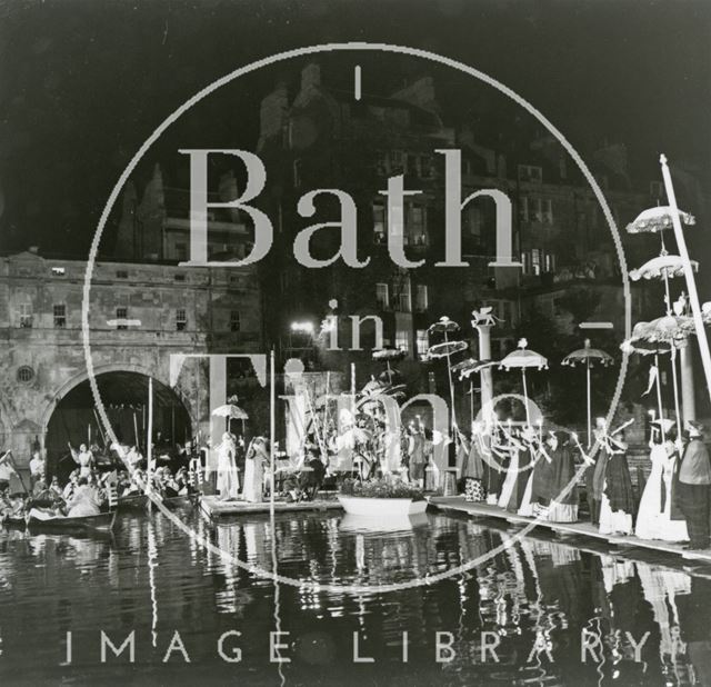 Gondolas beside the weir at Pulteney Bridge, Bath 1962