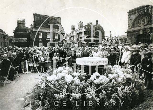 A dais containing a festival flame for the Bath Festival 1965