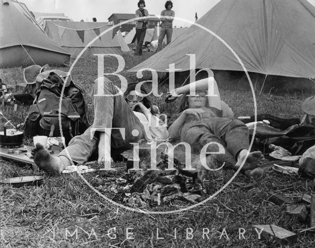 The 1970 Bath Blues Festival, crowds relax whilst camping