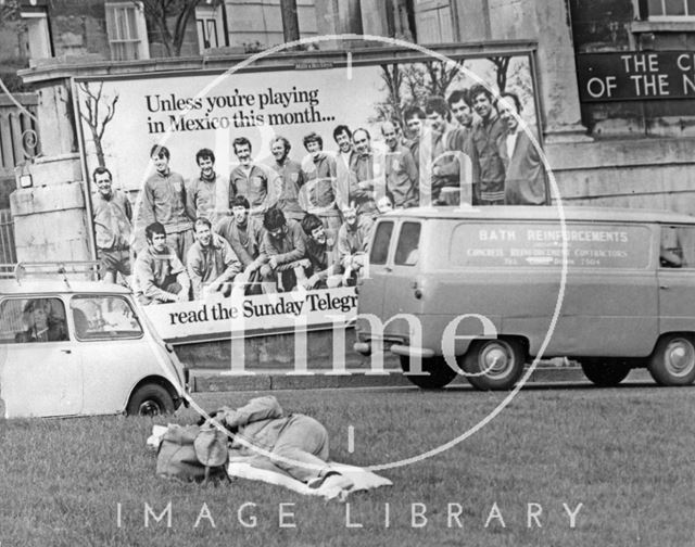 A sleeping visitor to Bath for the 1970 Bath Blues Festival and a Mexico World Cup poster