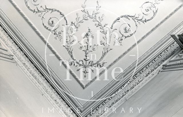 Detail of ceiling plasterwork in the salon, Wood House, Twerton, Bath c.1964