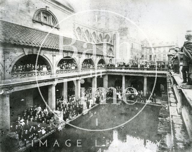 A massed gathering pose beside the Great Bath, Bath c.1910