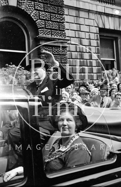 Winston Churchill in an open topped car outside the Guildhall, Bath 1950