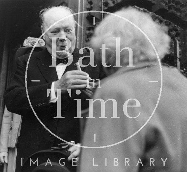 Winston Churchill meeting a member of the public outside the Guildhall, Bath 1950