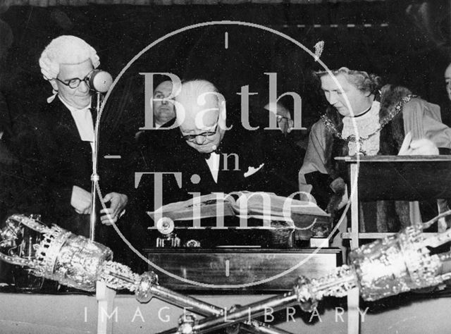 Winston Churchill signing the Honorary Freeman of the City document in the Guildhall, Bath 1950