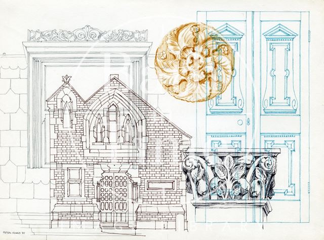 A coloured montage of drawings, created by Peter Coard, Bath c.1970?