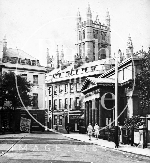 The York Street Wine Vaults and the portico of the Royal Literary and Scientific Institution, Bath c.1920