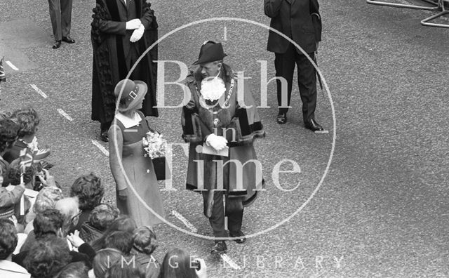 The Queen with Mayor Thomas John Cornish, outside the Guildhall, Bath 1973