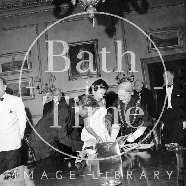 Princess Margaret, Lord Snowdon and Mayor Mrs. Guielma Maw in the Guildhall, Bath 1962