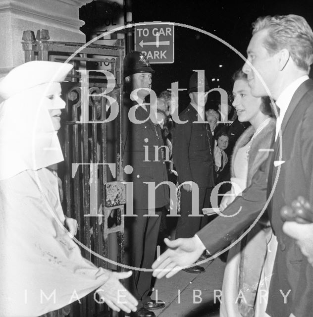 Princess Margaret and Lord Snowdon meet performers at the entrance to Parade Gardens, Bath Festival 1962