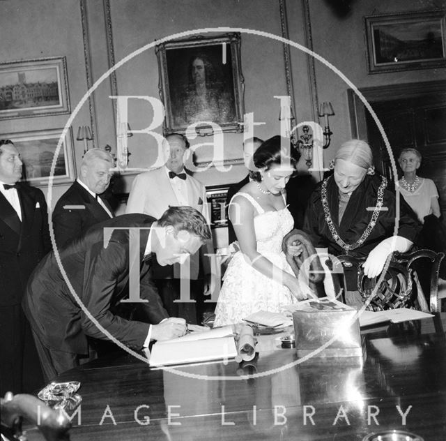 Princess Margaret, Lord Snowdon, Ted Leather and Mayor Mrs. Guielma Maw in the Guildhall, Bath 1962