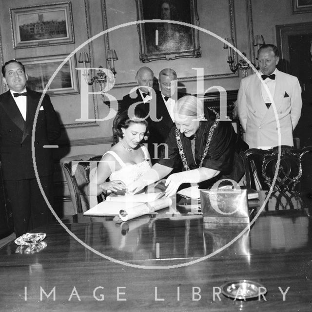 Princess Margaret, Ted Leather and Mayor Mrs. Guielma Maw in the Guildhall, Bath 1962
