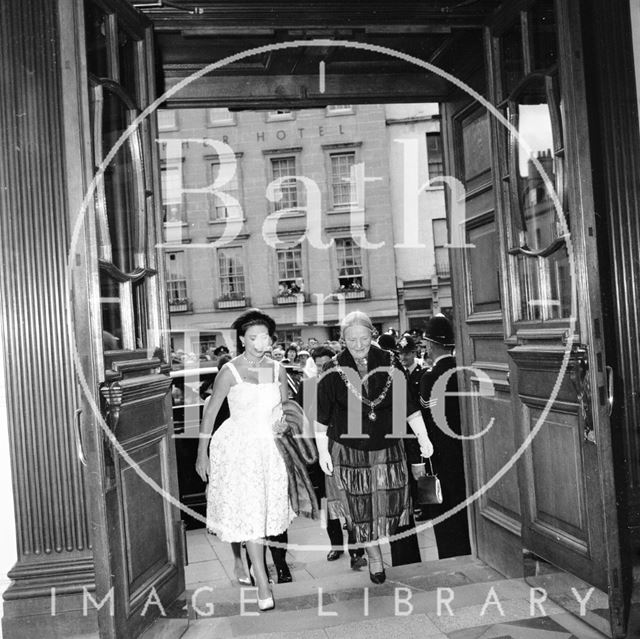 Princess Margaret entering the Guildhall, Bath accompanied by Mayor Mrs. Guielma Maw 1962