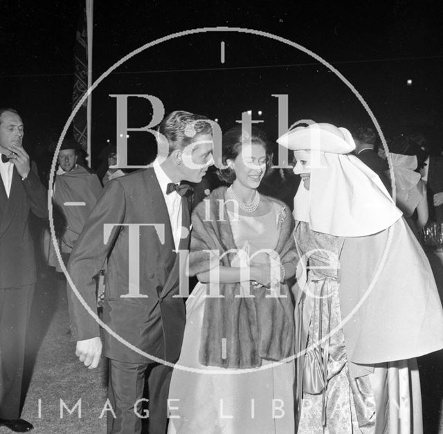 Princess Margaret and Lord Snowdon meet a performer in Parade Gardens, Bath Festival 1962