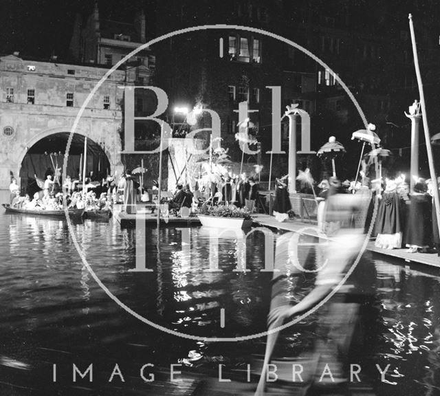 A gondola glides by on the river in front of Pulteney Bridge, Bath 1962