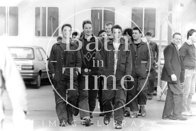 Young apprentices at the Stothert & Pitt Ltd. factory gate in Bath 1989