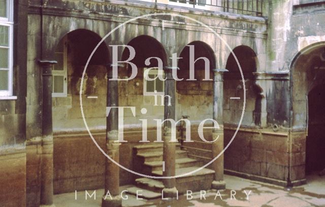 King's Bath, colonnade, reservoir empty, Bath 1977