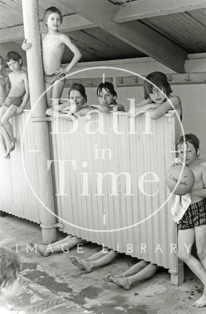 Children making the most of the weekend sunshine at Cleveland Baths, Bath 1978