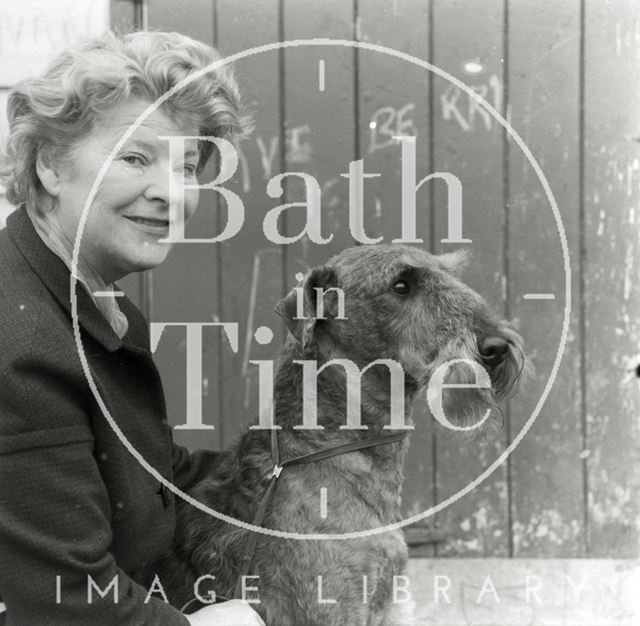 Mrs. M.E. Harmsworth of Bathampton and her prize winning Airedale Terrier