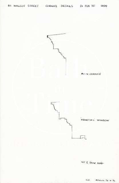 Cornice details, 111, Walcot Street, Bath 1975