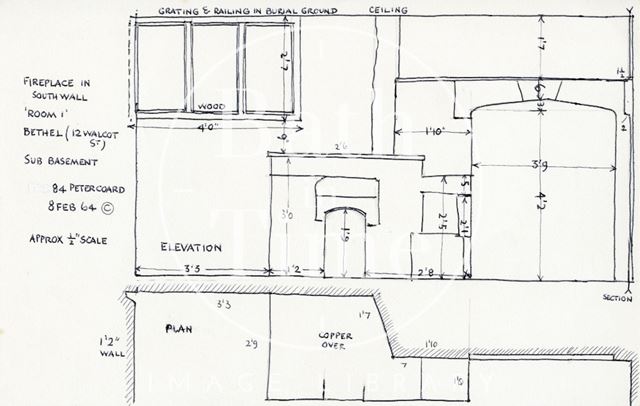 Fireplace, Bethel Baptist Chapel, rear of 12, Walcot Street, Bath 1964