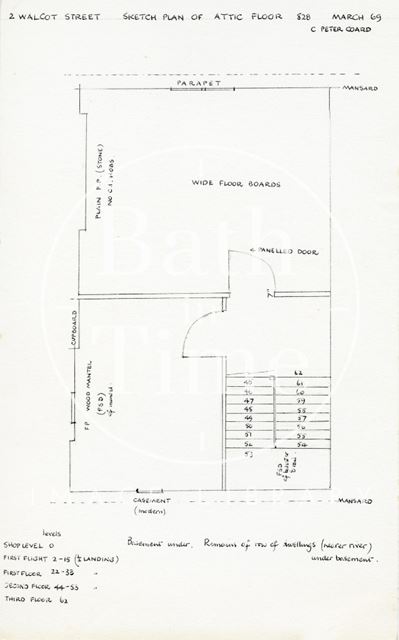 Attic floor plan, 2, Walcot Street, Bath 1969