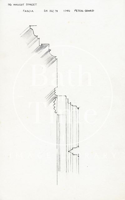 Fascia detail, 116, Walcot Street, Bath 1971