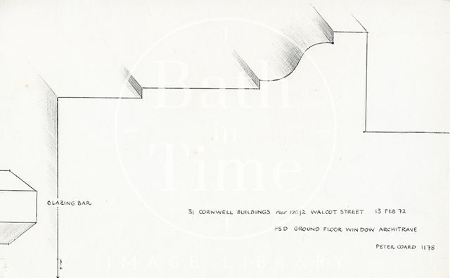 Window architrave detail, 31, Cornwell Buildings, Walcot Street, Bath 1972