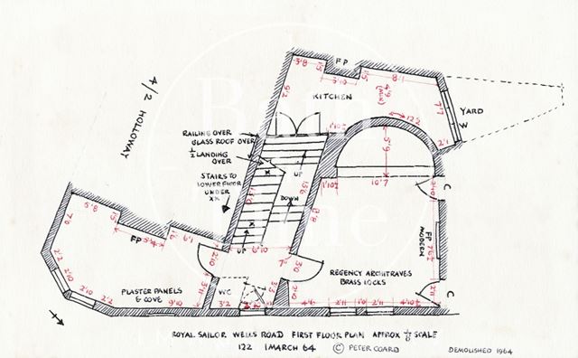 First floor plan, the Royal Sailor, 1, Wells Road, Bath 1964