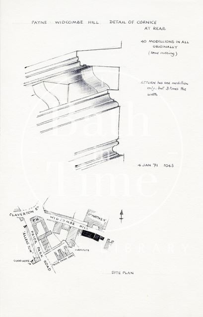 Site plan and cornice detail, Cedar Cottage, Widcombe Hill, Bath 1971