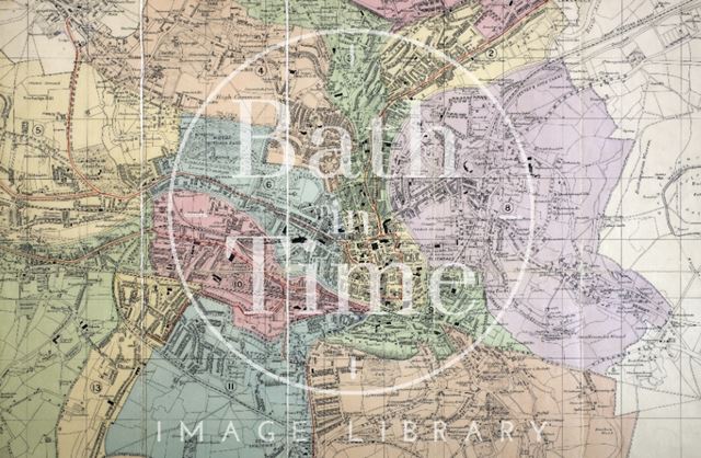 Bath City centre and suburbs, showing the route of Bath Electric Tramways in red 1915