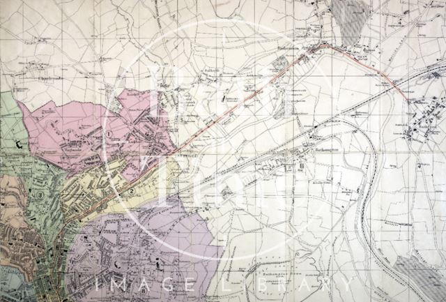 Bath City centre and suburbs, showing the route of Bath Electric Tramways in red 1915