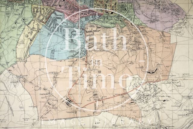 Bath City centre and suburbs, showing the route of Bath Electric Tramways in red 1915