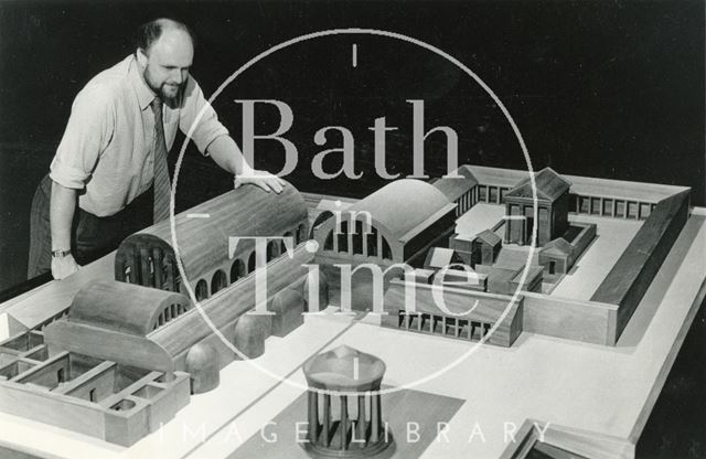 Stephen Bird studies the modern model of the Roman Temple Precinct, Bath 1986