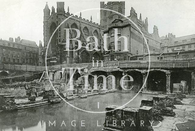 An early view of the Roman Great Bath, looking towards the Abbey, Bath c.1890