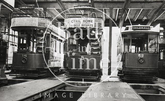 Trams Nos. 16, 8 and 52 inside the tramshed, Walcot Street, Bath c.1930