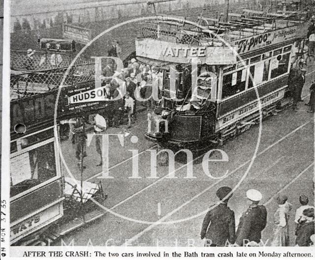 Two tramcars after running into each other, Bath c.1930