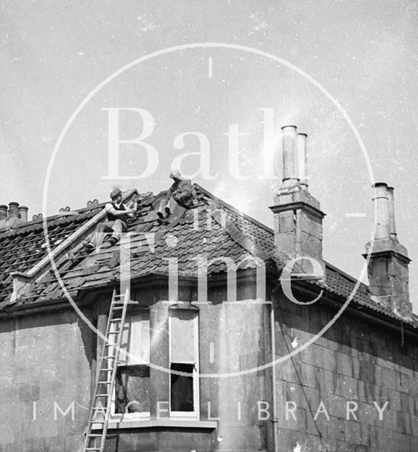 Repairing damaged roof tiles, 5, Magdalen Road, Holloway, Bath 1942