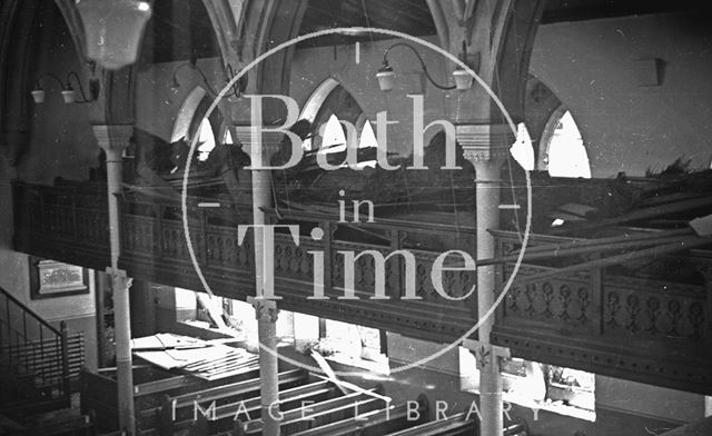 The inside of the bomb-damaged Manvers Street Baptist Church, Bath 1942