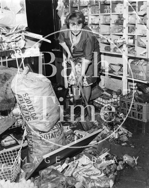 Mopping up after the flood, Pensford, Somerset 1968