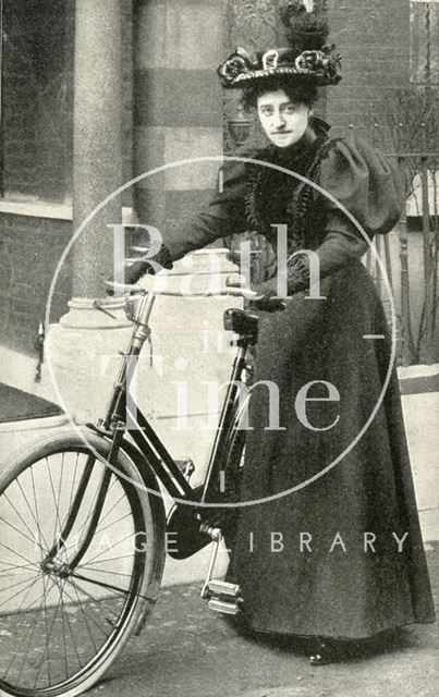 Madame Sarah Grand in Cycling Attire with bicycle 1896