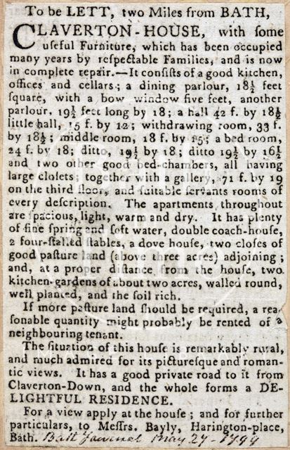 To be lett, two Miles from Bath, Claverton House 1799