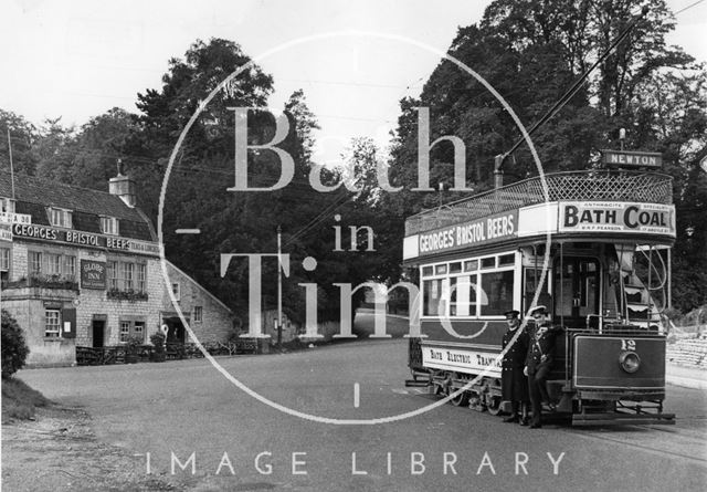 Tram No. 12 and conductor and clippie at the terminus at Newton St. Loe 1935