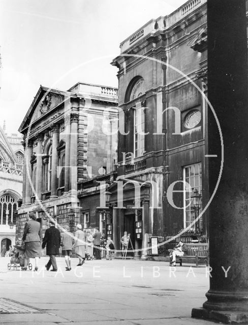 A view through the colonnade of the Pump Room, Bath c.1960