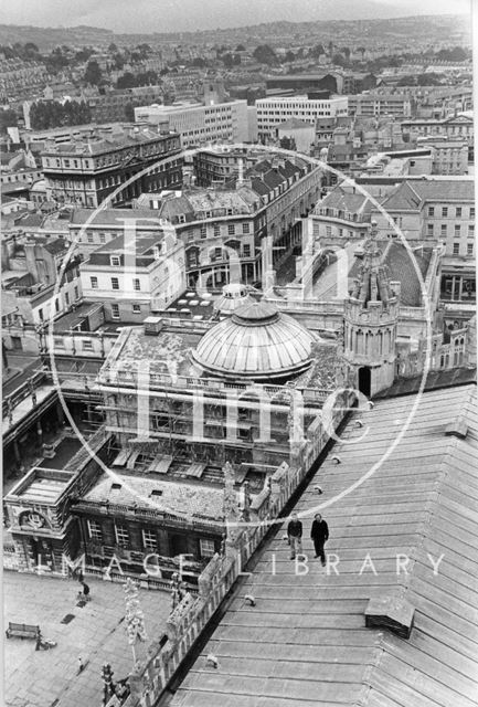 View from the Abbey tower of the Pump Room and baths, Bath 1977