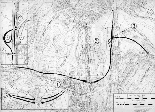 The approved route for the A46/A36 link road and Batheaston/Swainswick Bypass 1990