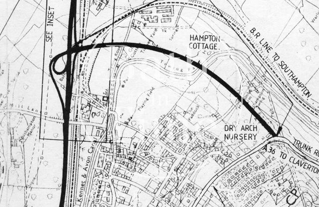 The approved route for the A46/A36 link road and Batheaston/Swainswick Bypass 1990 - detail