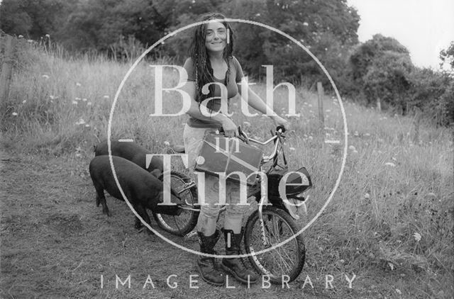 A protester and her pigs, Batheaston/Swainswick Bypass 1994